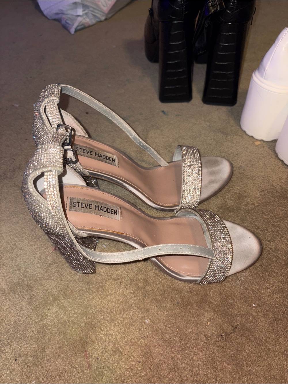 Steve Madden Silver Crystal Block Heel Sandals